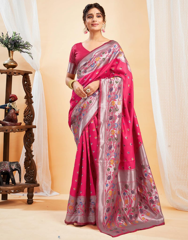 SIRIL Women's Paithani Silk Saree | Jacquard Soft Silk Saree With Unstitched Blouse Piece (4035S561_Bright Pink) - Image 3