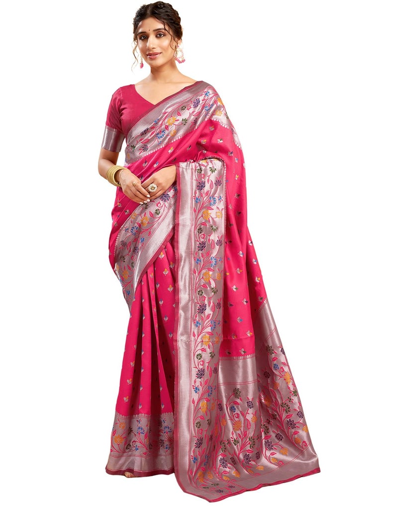 SIRIL Women's Paithani Silk Saree | Jacquard Soft Silk Saree With Unstitched Blouse Piece (4035S561_Bright Pink) - Image 1