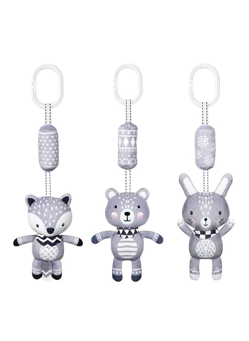 SYOSI 3 Pack Hanging Rattle Toys, Cartoon White Black Stuffed Stroller Plush Toys for Newborn 0-36 Month Baby Bed Crib Toys with Wind Chimes (Rabbit Fox Bear)  - Image 1