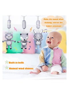 SYOSI 3 Pack Hanging Rattle Toys, Cartoon White Black Stuffed Stroller Plush Toys for Newborn 0-36 Month Baby Bed Crib Toys with Wind Chimes (Rabbit Fox Bear)  - Image 2