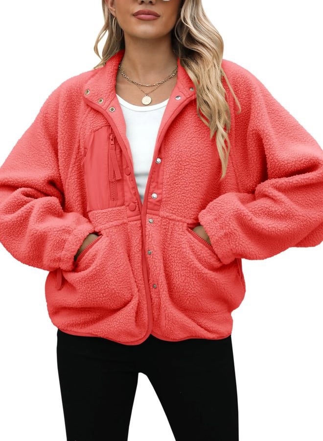 Yanekop Womens Fleece Jacket Fuzzy Long Sleeve Short Winter Coats Button Down Sherpa Jacket Outerwear with Pockets, A Coral, L - Image 3