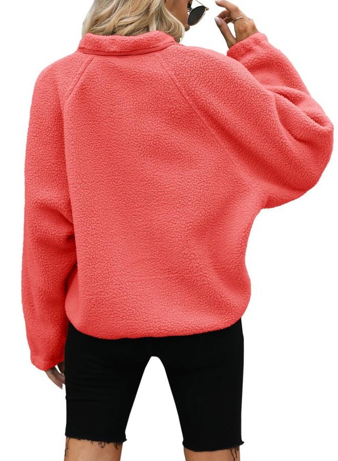 Yanekop Womens Fleece Jacket Fuzzy Long Sleeve Short Winter Coats Button Down Sherpa Jacket Outerwear with Pockets, A Coral, L - Image 4