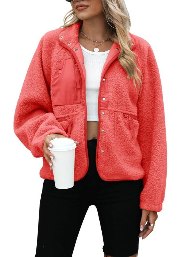 Yanekop Womens Fleece Jacket Fuzzy Long Sleeve Short Winter Coats Button Down Sherpa Jacket Outerwear with Pockets, A Coral, L - Image 1