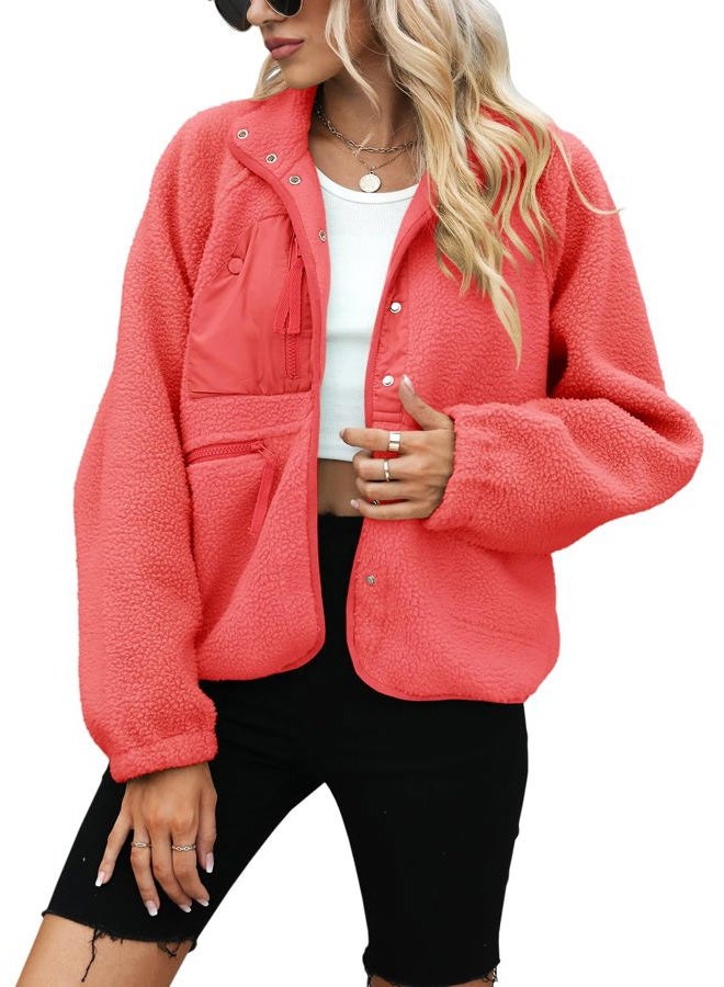 Yanekop Womens Fleece Jacket Fuzzy Long Sleeve Short Winter Coats Button Down Sherpa Jacket Outerwear with Pockets, A Coral, L - Image 2
