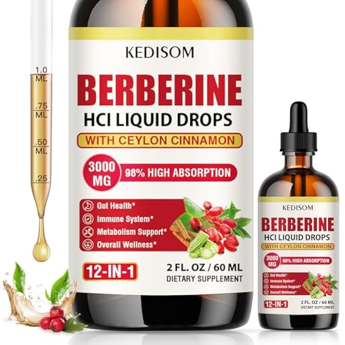 KEDISOM 12-in-1 Berberine Supplement Liquid Drops 2 Fl Oz, 3000mg Liposomal Berberine HCL Complex with Ceylon Cinnamon Plus Turmeric, High Absorption Berberine Drops - Image 1