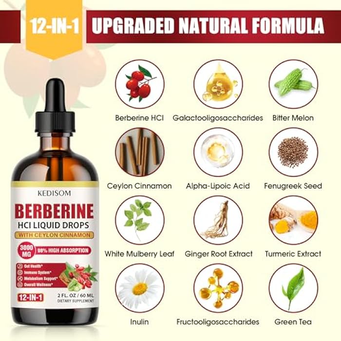 KEDISOM 12-in-1 Berberine Supplement Liquid Drops 2 Fl Oz, 3000mg Liposomal Berberine HCL Complex with Ceylon Cinnamon Plus Turmeric, High Absorption Berberine Drops - Image 2