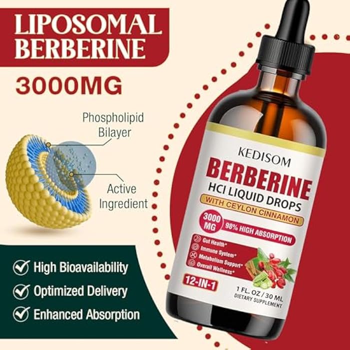 KEDISOM 12-in-1 Berberine Supplement Liquid Drops 2 Fl Oz, 3000mg Liposomal Berberine HCL Complex with Ceylon Cinnamon Plus Turmeric, High Absorption Berberine Drops - Image 4