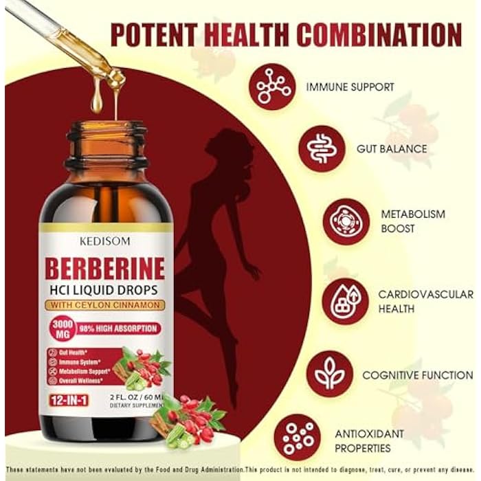 KEDISOM 12-in-1 Berberine Supplement Liquid Drops 2 Fl Oz, 3000mg Liposomal Berberine HCL Complex with Ceylon Cinnamon Plus Turmeric, High Absorption Berberine Drops - Image 3