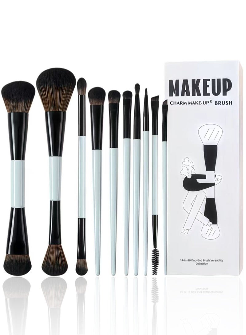 jaexest Jessup Makeup Brushes Set 10pcs, Double Sided Foundation Contour Blush Highlight Blending Eyebrow Brush Eyeshadow Eyeliner Concealer Brush, Bright Cyan Cruelty Free Cosmetic Tools T500 - Image 1