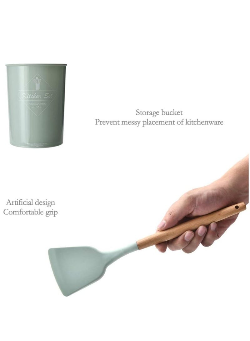 ELTRAZONE Silicone Cooking Kitchen 11PCS Wooden Utensils Tool for Nonstick Cookware,Cooking Utensils Set with Bamboo Wood Handles for Nonstick Cookware，Non Toxic Turner Tongs Spatula Spoon Set - Image 4