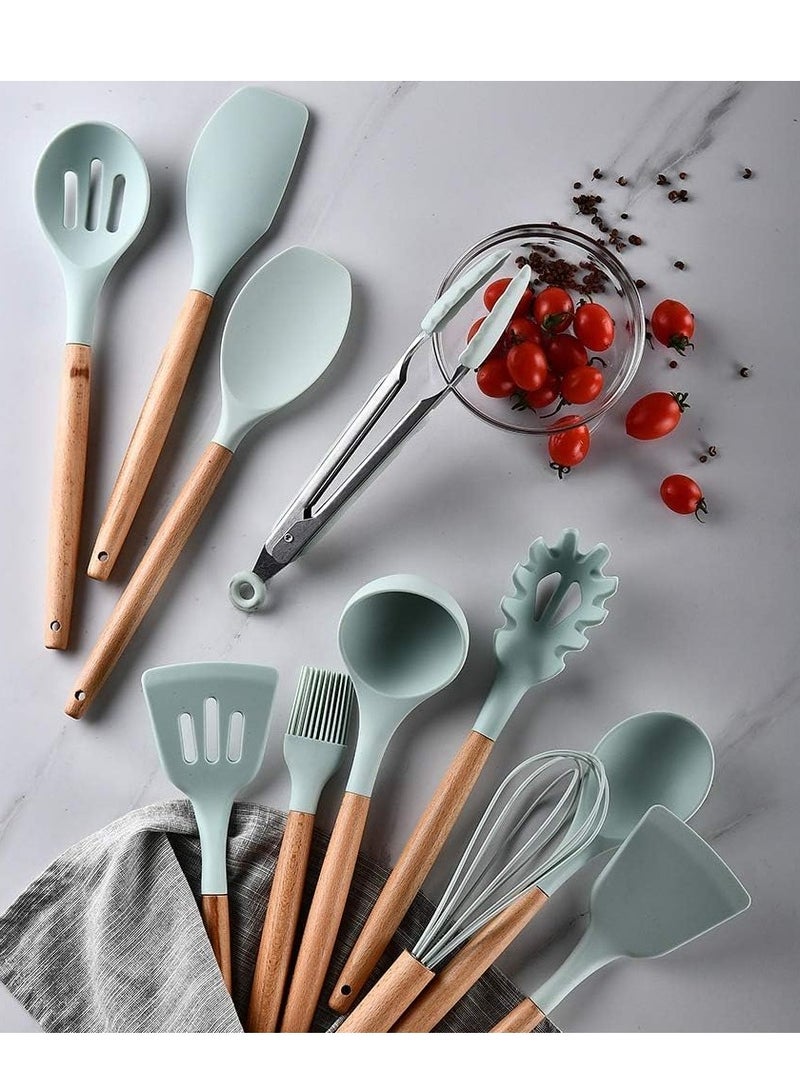 ELTRAZONE Silicone Cooking Kitchen 11PCS Wooden Utensils Tool for Nonstick Cookware,Cooking Utensils Set with Bamboo Wood Handles for Nonstick Cookware，Non Toxic Turner Tongs Spatula Spoon Set - Image 2