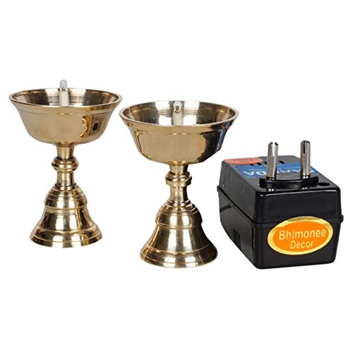 Bhimonee Decor 3.2-Inch Pure Brass Electric Akhand Jyothi Pyali Stand – Nanda Table Lights Diya (Pair) - Image 1