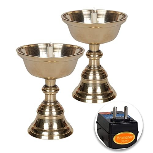Bhimonee Decor 3.2-Inch Pure Brass Electric Akhand Jyothi Pyali Stand – Nanda Table Lights Diya (Pair) - Image 5