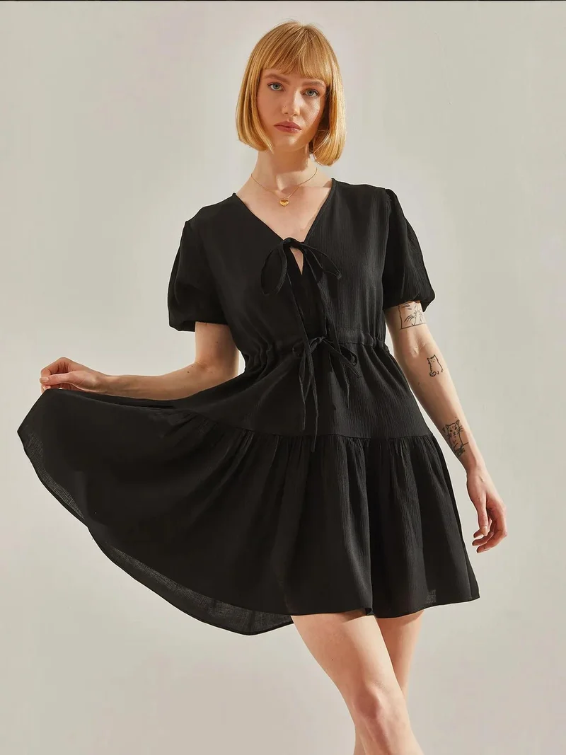 Bianco Lucci LUCCI Mini V-Neck Dress with Bow