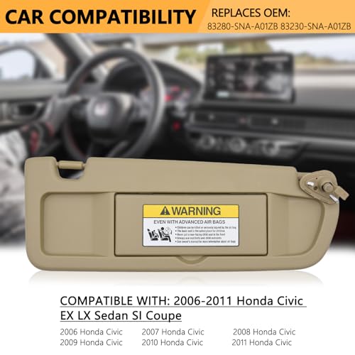 KAOLALI Left Driver & Right Passenger Side Sun Visor Set Fits Honda Civic 2006 2007 2008 2009 2010 2011 EX LX Sedan SI Coupe Replacement for 83280-SNA-A01ZA, 83230-SNA-A01ZA (Beige) - Image 3