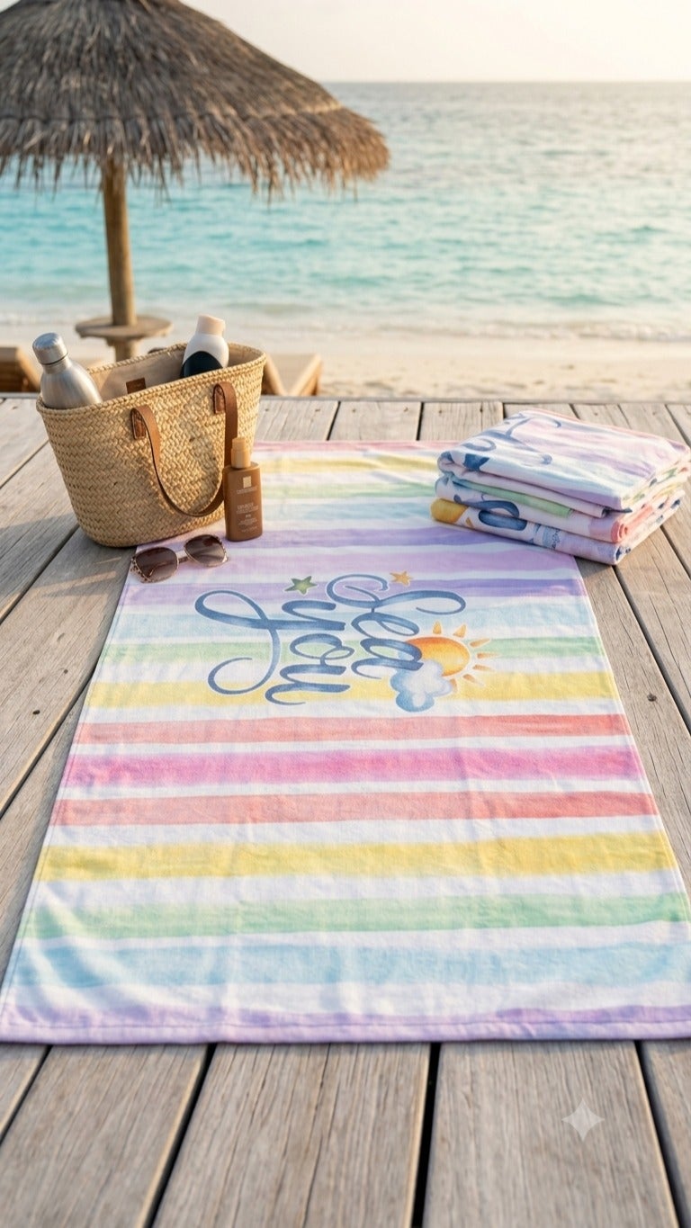 SEA YOU Beach Towel – Multicolor Striped Design – 140 × 70 cm - Image 1