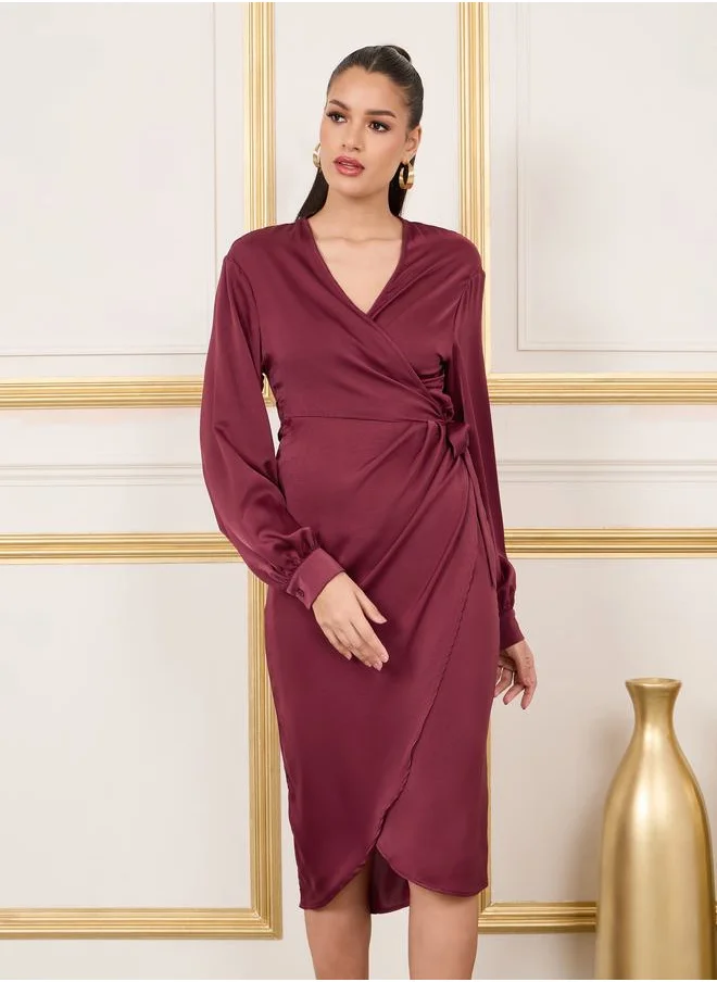 Styli Satin V Neck Wrap Midi Dress