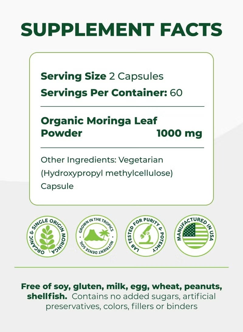 Moringa Capsules Single Origin  Powder Organic.  Leaf. Energy, Metabolism, u0026 Immune Support. 120ct. 500mg Caps - 2 Bottles - Image 2