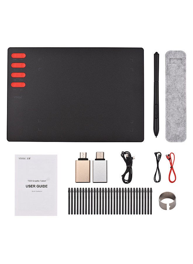 Generic - T505 Graphics Drawing Tablet Ultralight Art Creation Sketch with Battery-free Stylus 30 Pen Nibs 8192 Levels Pressure 8 Shortcut Keys Compatible with Windows Android OTG 193x143mm/7.6x5.6in - Image 1