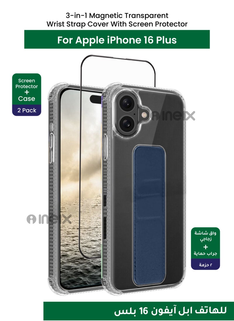 INEIX - 3-in-1 Magnetic Transparent Wrist Strap Hand Grip Stand Back Case Cover with Full BodyTempered Glass Screen Protector For Apple iPhone 16 Plus-Clear/Navy Blue - Image 1