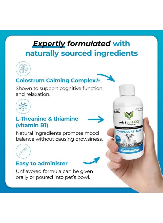 VetriScience Laboratories - Composure Max Liquid Formula  Clinically Proven Dog Calming And Cat Calming Supplement With Colostrum, LTheanine & Vitamin B1 For Stress, Storms, Separation & More  8 Oz - Image 1