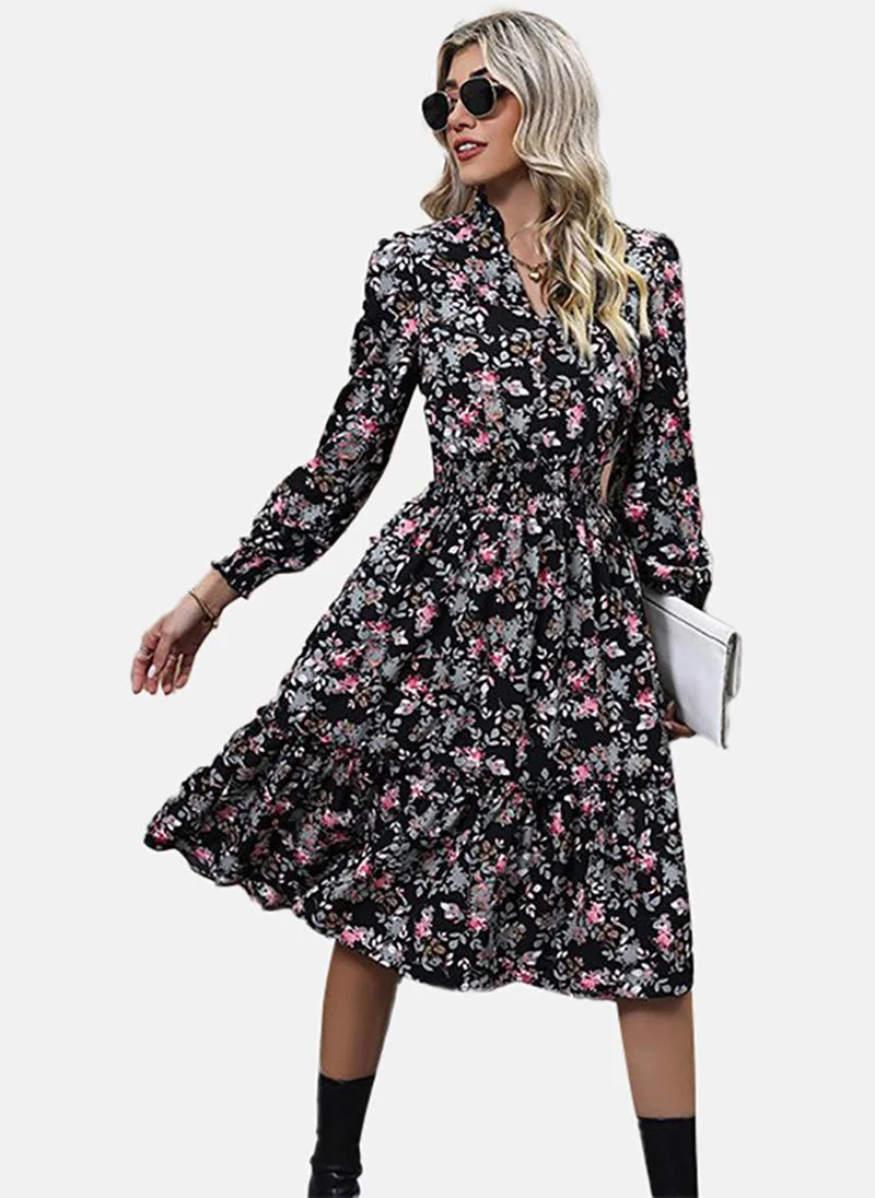YUNIQEE Black & Pink Floral Printed Band Collar Fit & Flare Midi Dress