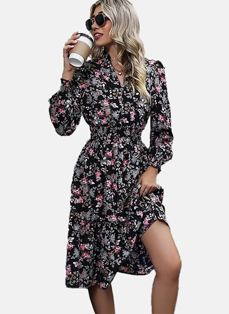 YUNIQEE Black & Pink Floral Printed Band Collar Fit & Flare Midi Dress