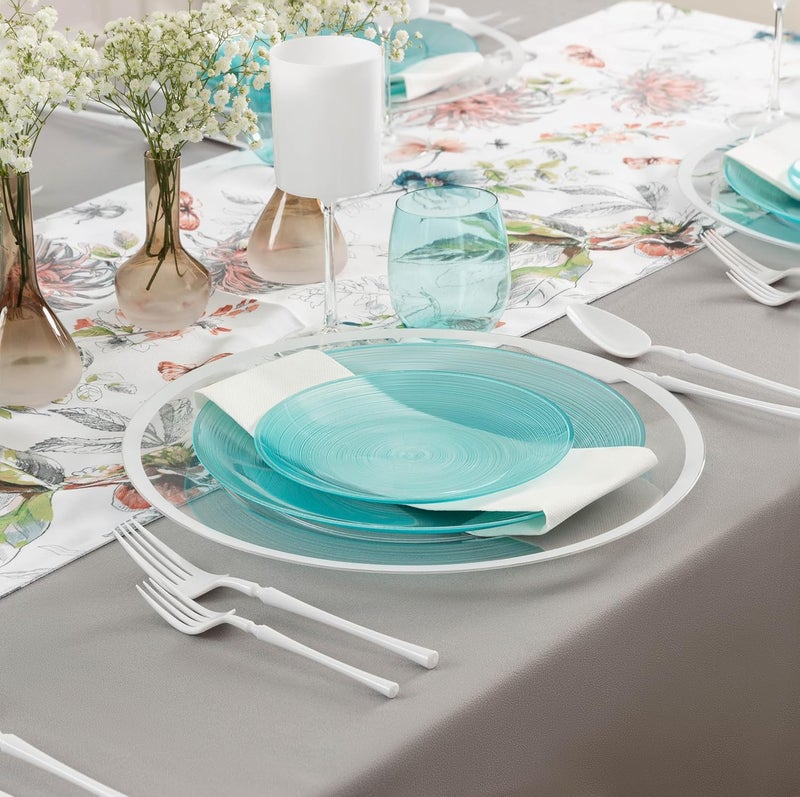 PLASTICPRO 128 Pieces Crystal Design Plastic Plates Combo Pack 7 inch and 10 inch Gold Rim Elegant Disposable Plates, Transparent Aqua Blue - Image 3