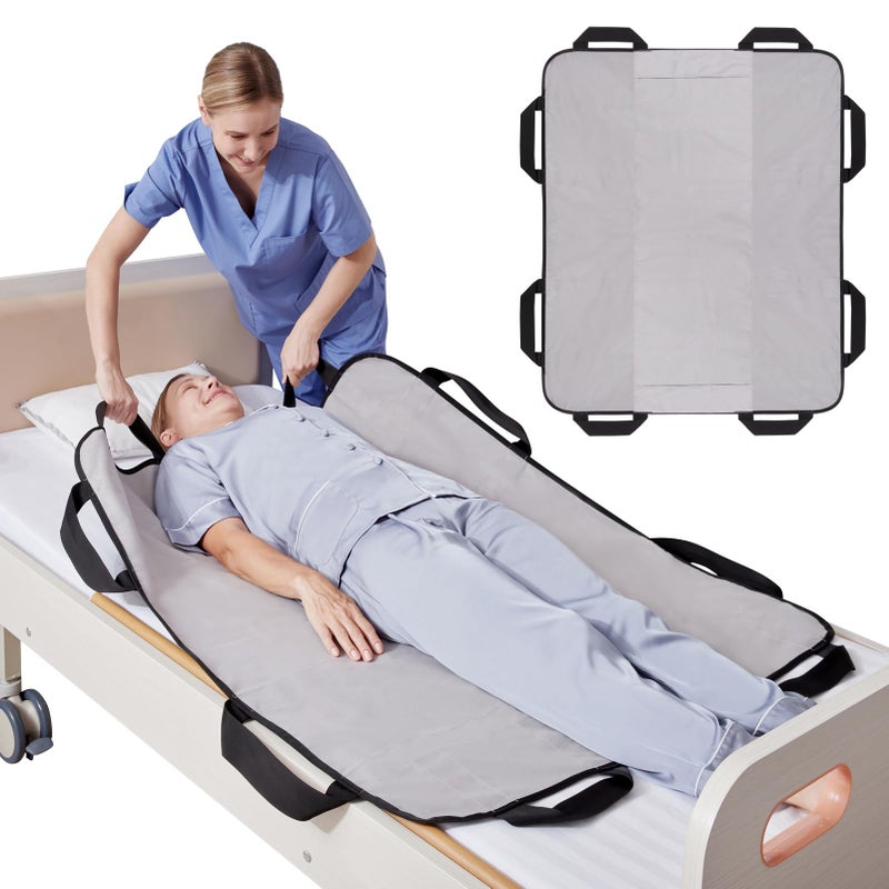 NIHAO Draw Sheet with Handles Positioning Bed Pad Washable 48" x 40" Multipurpose Patented Flannel Patient Transfer Sheet for Bedridden Lifting Turning Sliding, Navy Blue - Image 1