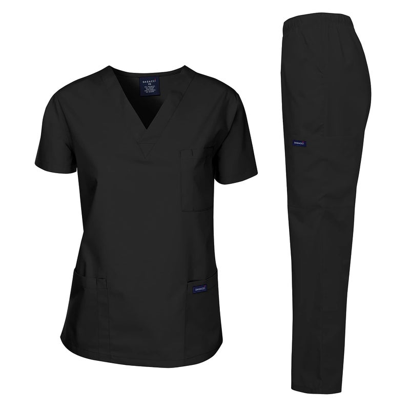 Dagacci Medical Uniform Womens and Mens Scrub Set Unisex Medical Scrub Shirt Top and Pant, Black, Large - Image 1