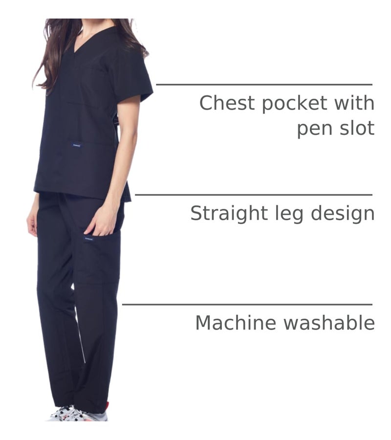 Dagacci Medical Uniform Womens and Mens Scrub Set Unisex Medical Scrub Shirt Top and Pant, Black, Large - Image 4