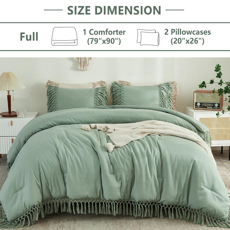 Andency Full Size Comforter Set Sage Green  3 Pieces Boho Tassel Lightweight Vintage Soft Bedding Comforter Sets  All Season Fluffy Fringe Bed Set (79x90In Comforter & 2 Pillowcases) - Image 2