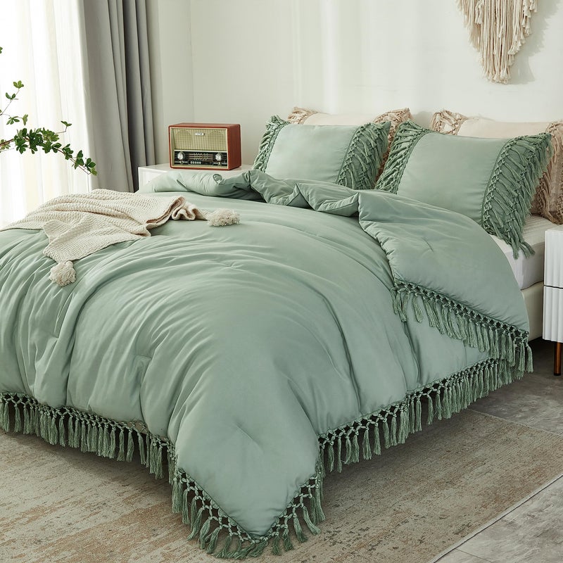 Andency Full Size Comforter Set Sage Green  3 Pieces Boho Tassel Lightweight Vintage Soft Bedding Comforter Sets  All Season Fluffy Fringe Bed Set (79x90In Comforter & 2 Pillowcases) - Image 1
