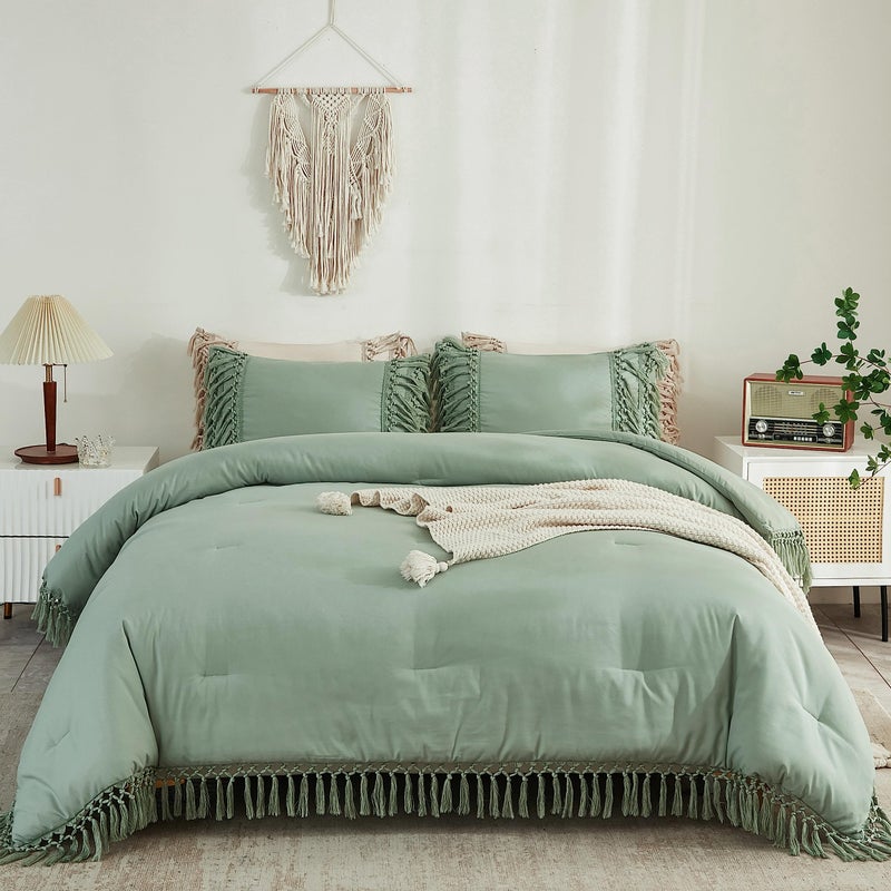 Andency Full Size Comforter Set Sage Green  3 Pieces Boho Tassel Lightweight Vintage Soft Bedding Comforter Sets  All Season Fluffy Fringe Bed Set (79x90In Comforter & 2 Pillowcases) - Image 4