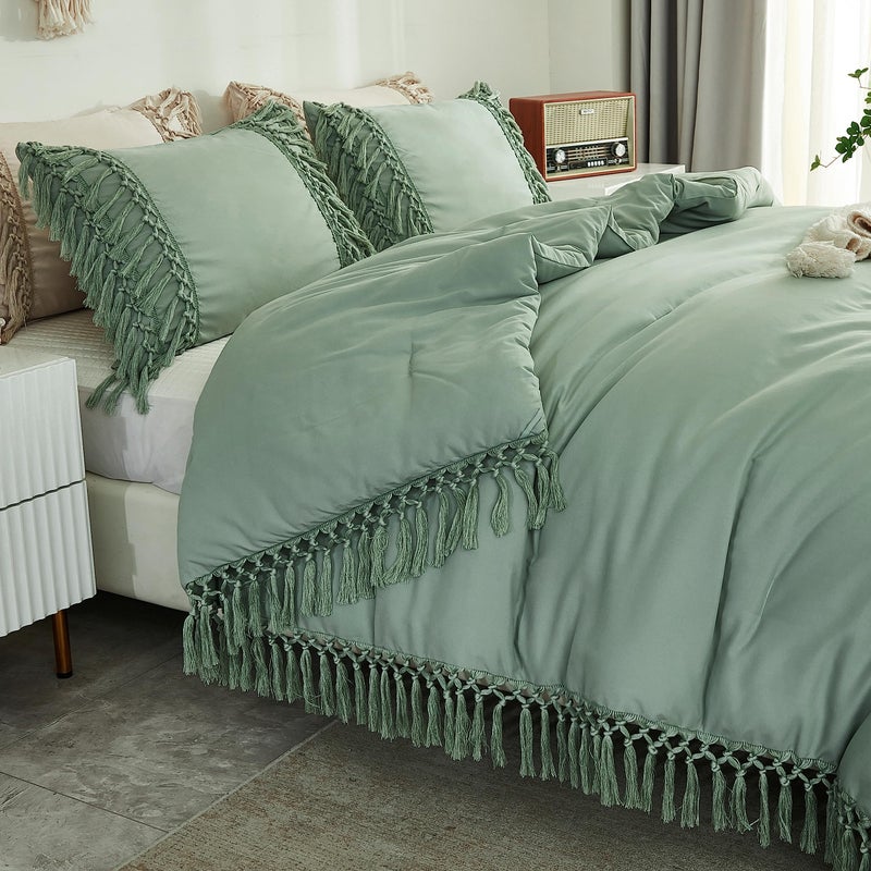 Andency Full Size Comforter Set Sage Green  3 Pieces Boho Tassel Lightweight Vintage Soft Bedding Comforter Sets  All Season Fluffy Fringe Bed Set (79x90In Comforter & 2 Pillowcases) - Image 5