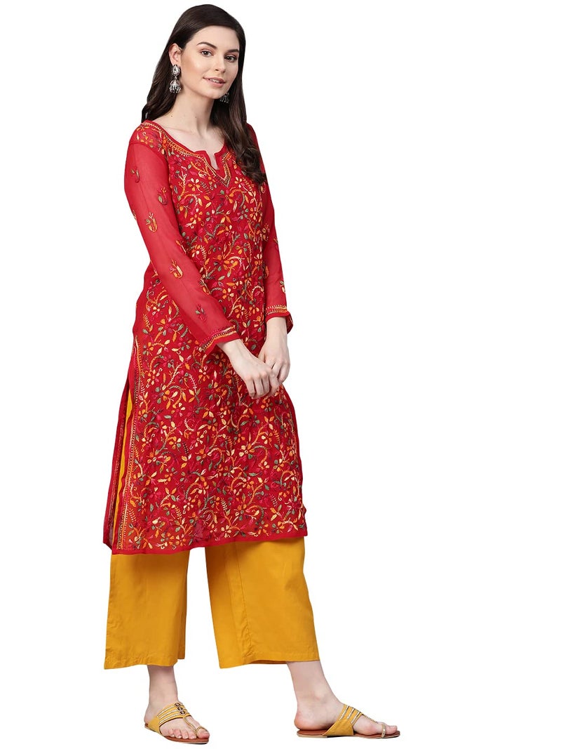Ada Women's Hand Embroidered Lucknow Chikankari Red Georgette Kurta Kurti with Slip A262097 (S), Regular Fit - Image 5