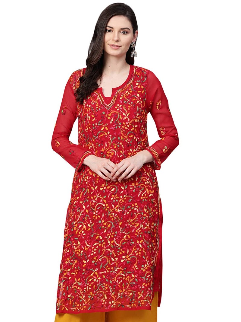 Ada Women's Hand Embroidered Lucknow Chikankari Red Georgette Kurta Kurti with Slip A262097 (S), Regular Fit - Image 1