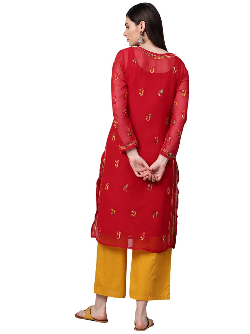 Ada Women's Hand Embroidered Lucknow Chikankari Red Georgette Kurta Kurti with Slip A262097 (S), Regular Fit - Image 2