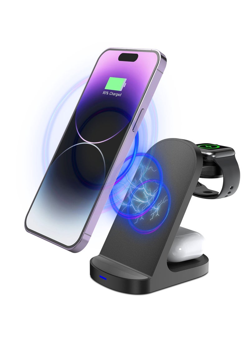 3 in 1 Wireless Charger iPhone Charging Station - Phone Charger Stand for Multiple Devices, Wireless Charging Station for iPhone 16/15/14/13/12/11/X, Apple Watches & for Airpods 4/3/2/Pro, Samsung/Huawei/Xiaomi, Black - Image 1