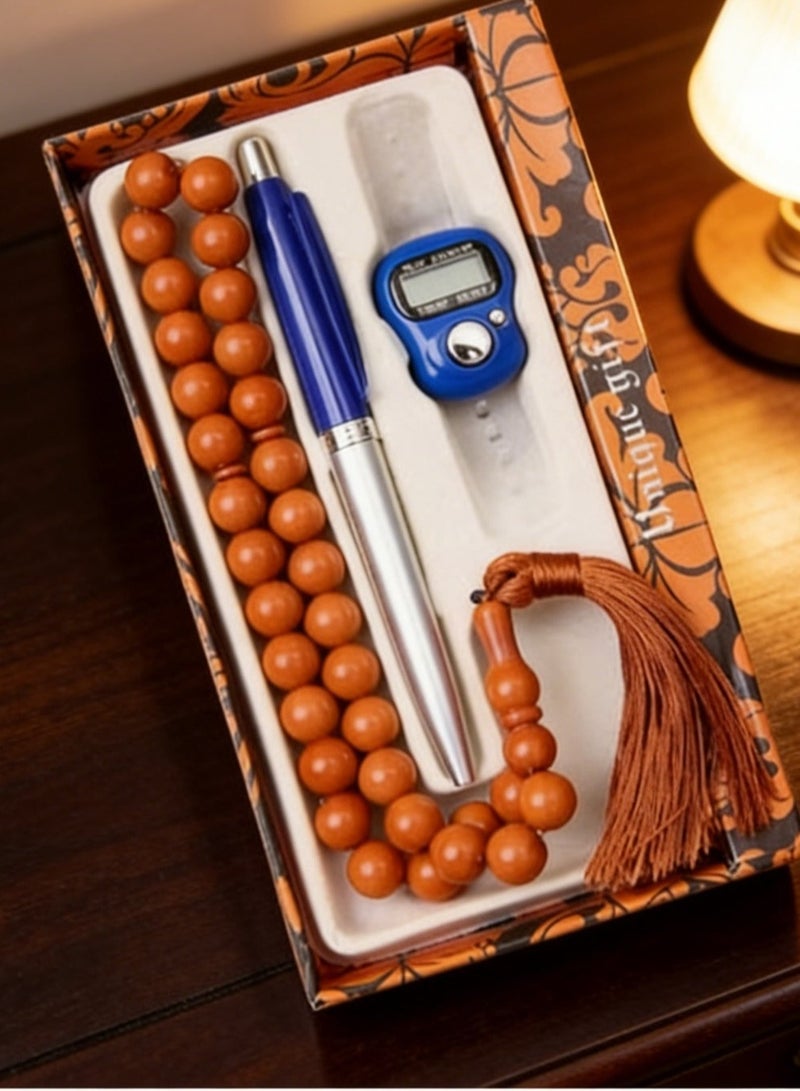 Nariele 33 Pcs Warm Matte Wood Muslim Tasbih Gift Box Set With Digital Electronic Counter Metal Ballpoint Pen Three In One Worship Dhikr Counting Eid Religious Gift Single Pack - Image 2