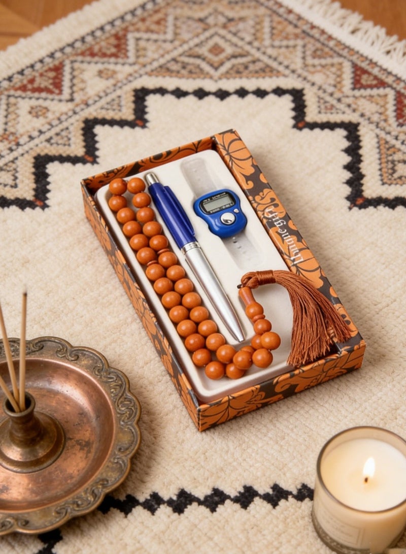 Nariele 33 Pcs Warm Matte Wood Muslim Tasbih Gift Box Set With Digital Electronic Counter Metal Ballpoint Pen Three In One Worship Dhikr Counting Eid Religious Gift Single Pack - Image 3