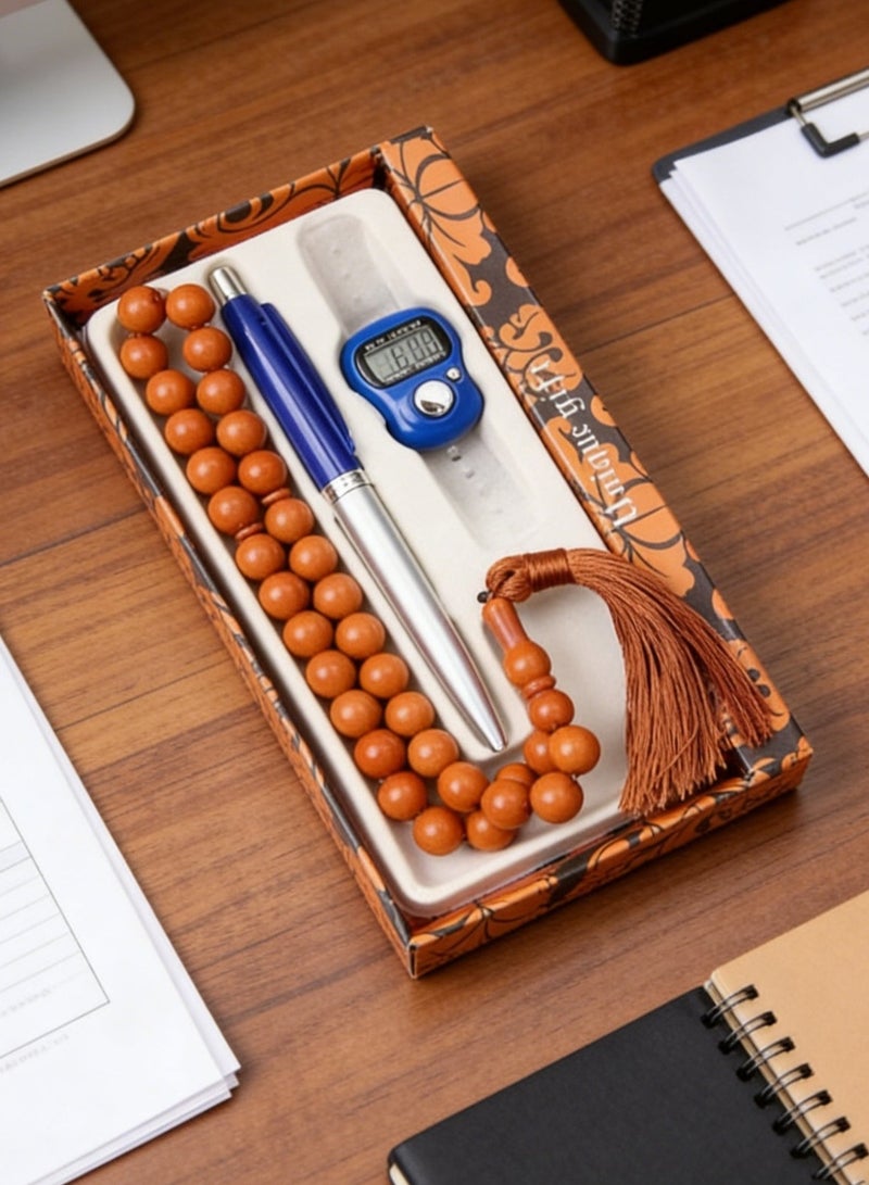 Nariele 33 Pcs Warm Matte Wood Muslim Tasbih Gift Box Set With Digital Electronic Counter Metal Ballpoint Pen Three In One Worship Dhikr Counting Eid Religious Gift Single Pack - Image 5