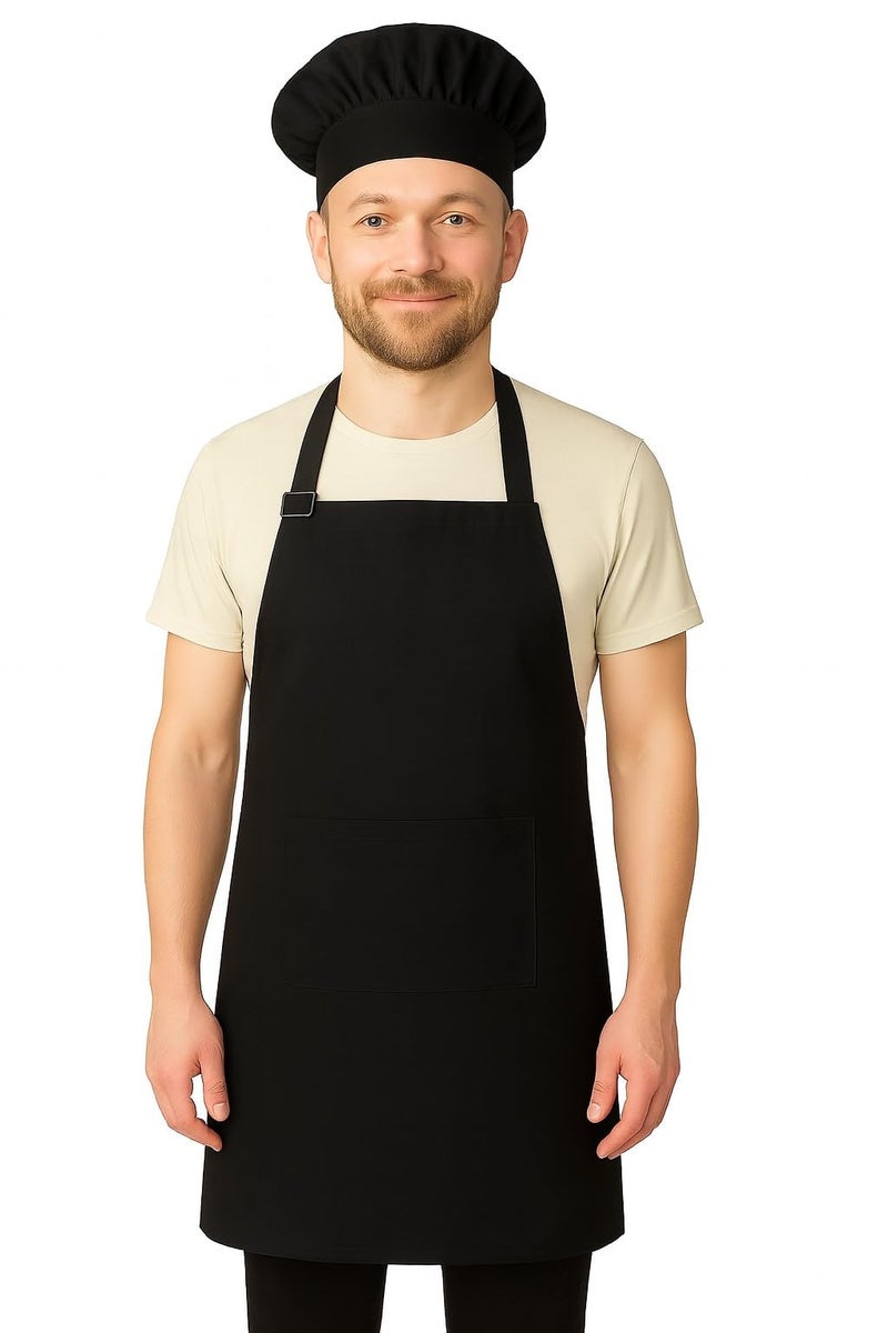 Switchon Polyester Solid Plain Free Size Chef's Cooking Kitchen Apron with Chef's Cap-Black 23x30 inch (57x77cm) free size - Image 2