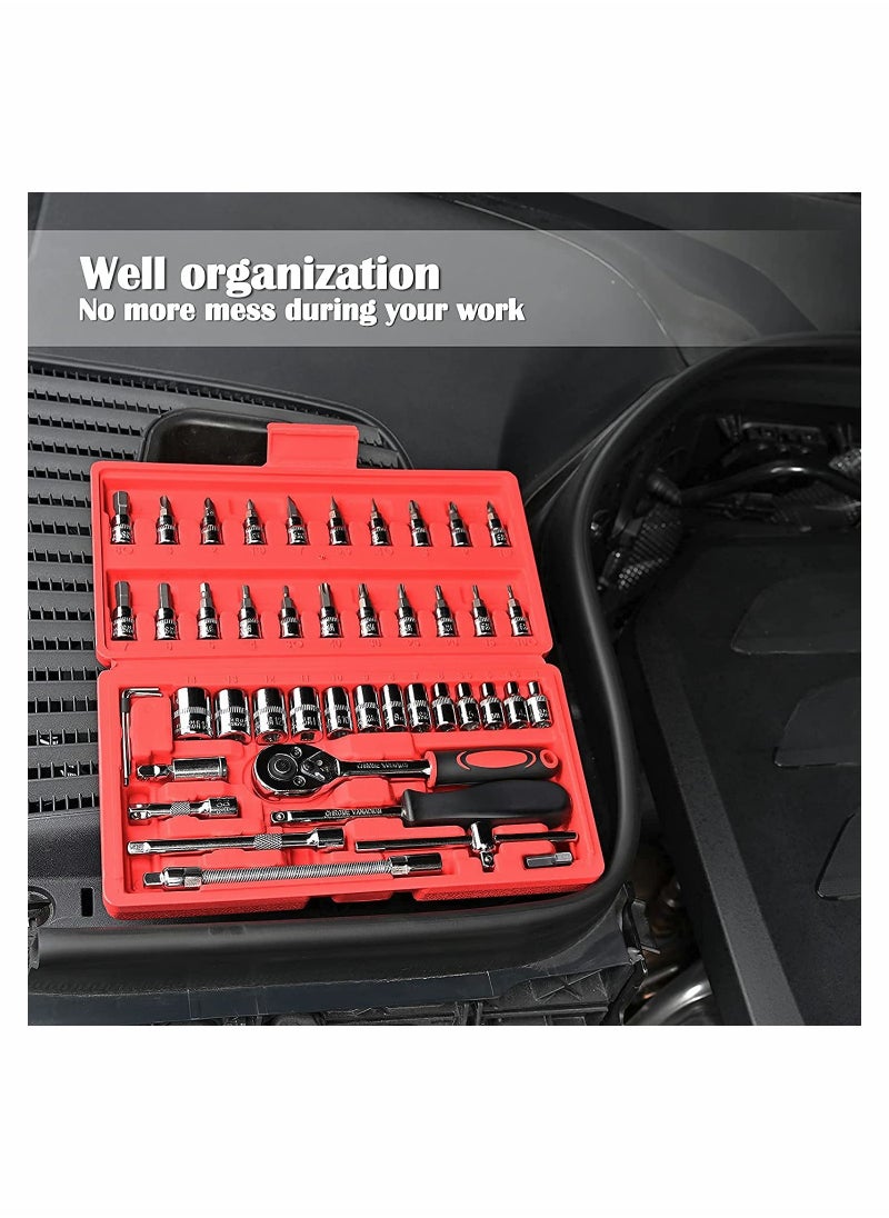 SYOSI 46 Pcs Drive Socket Ratchet Wrench Set with Bit Socket Set Metric and Extension Bar for Auto Repairing Automobile Motorcycle Hardware Tool Combination Suit Household with Storage Case  - Image 3