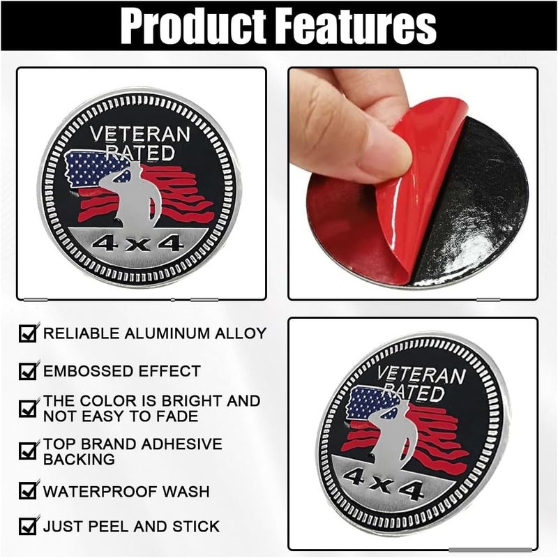GLSOWEE Veteran Badge Rated Car Emblem, 4 x 4 3D Metal Car Badge Decals Stickers Round Emblem Decals, Auto Exterior Emblems Badge Compatible with Vehicles Trucks SUV RV (Veteran Rated) - Image 3
