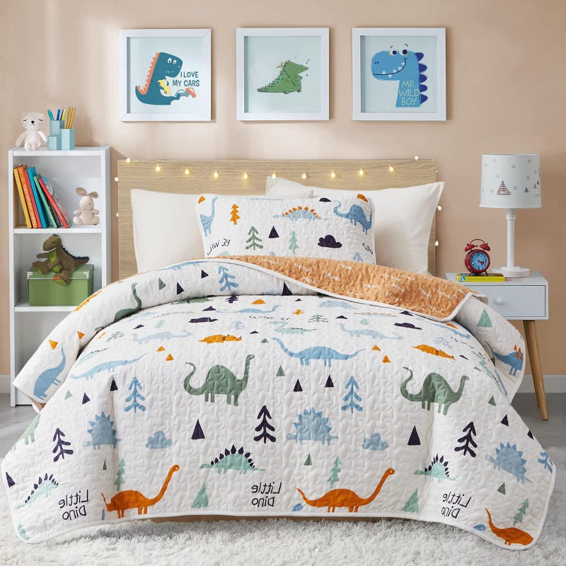 Joyreap 3Piece Cotton Quilt Set FullQueen Cute Dinosaur Reversible Design for Kids Boys n Girls Breathable Quilt Bedspread Bed Cover for All Season 1 Quilt and 2 Pillow Shams 90x90 inches