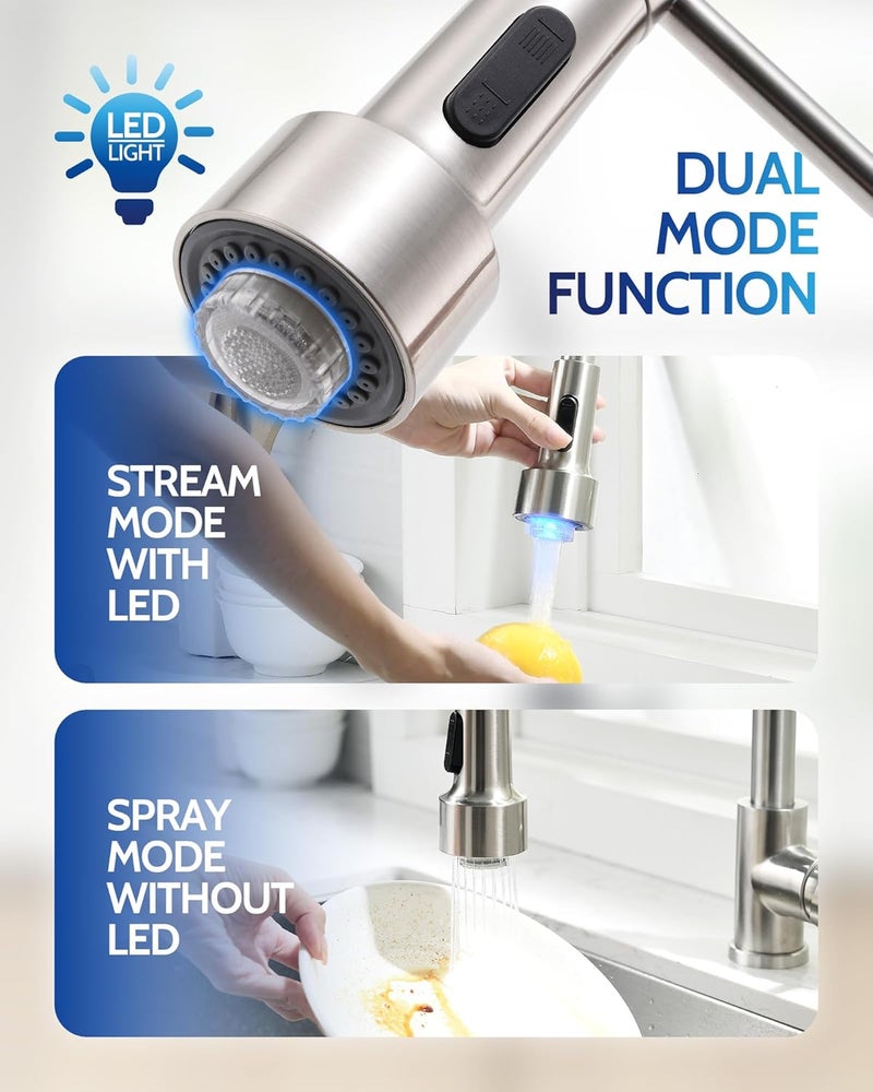 LUFEIDRA Kitchen Faucet with Sprayer LED Light, High Arc Kitchen Faucets Single Hole 304 Stainless Steel Kitchen Sink Faucet Faucet for Bar Sink Rv, Brushed Nickel - Image 4