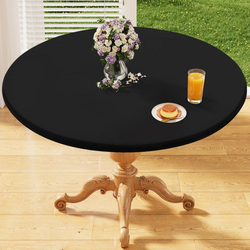 homing Round Elastic Fitted Tablecloth, Water-Resistant Fabric Tablecloths for 45"-56" Tables, Washable Polyester Table Cover for Picnic, Caming, Dinner, Indoor & Outdoor, Black - Image 1