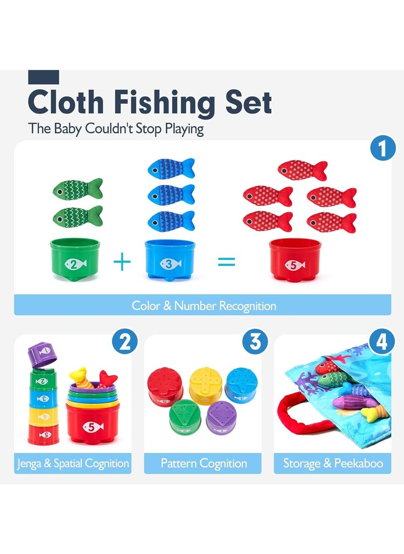 Gonice - 22PCS Cloth Fishing Game, for Toddler 1-3, Sensory Toddler Toys with Stacking Cups, Number Counting, Color Sorting, Shape Learning, Number Counting Fine Motor Skills Toys, Preschool Games - Image 1