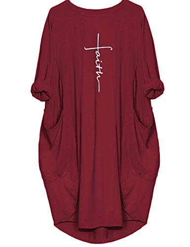 Rfecccy Women's Faith Oversize Baggy T Shirt Causal Loose Party Short Midi Dresses with Pockets Red - Image 4
